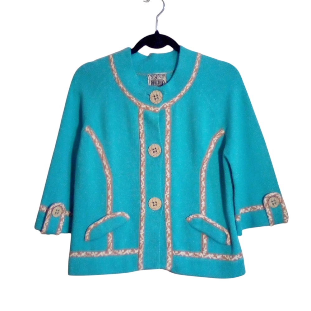 Vintage CURIO Womens Cottagecore Knit Cardigan Jacket Rope Trim Design Turquoise